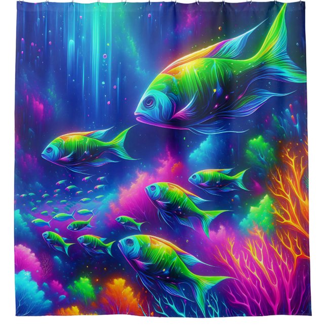 “Oceanic Glow: Abyssal Curtain” Shower Curtain (Front)