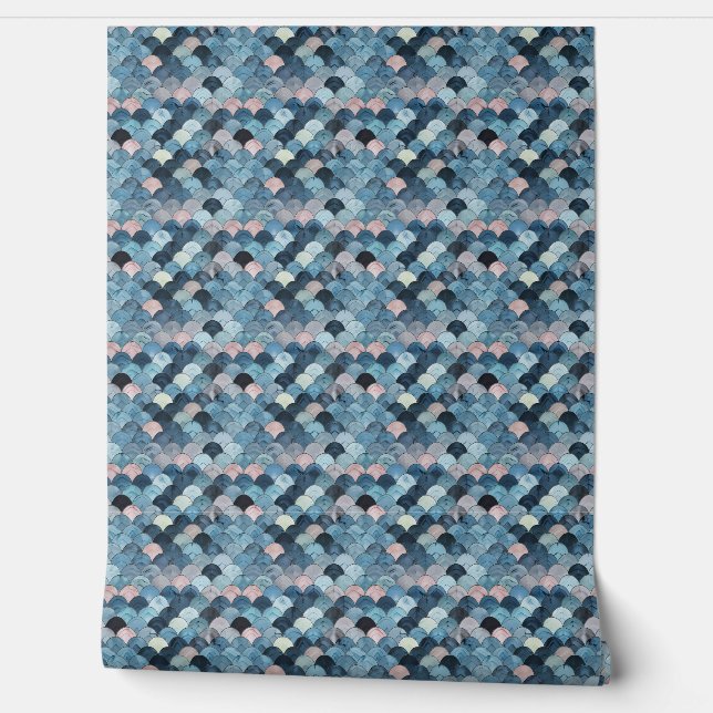 Oceanic Scales Mini - Blue, Pink, Gray - Coastal Wallpaper (Unrolling)