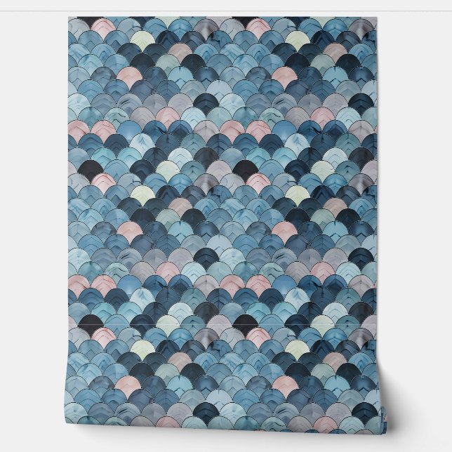 Oceanic Scales Petite - Blue, Pink, Gray - Coastal Wallpaper (Unrolling)