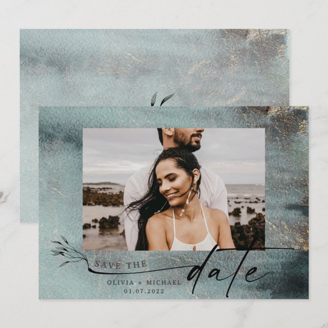 Oceanic Teal Watercolor w/Gold Photo Save The Date (Front/Back)