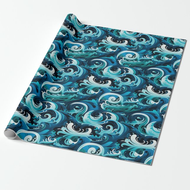 Oceanic Totem Poles & Feather Wave Design Wrapping Paper (Unrolled)