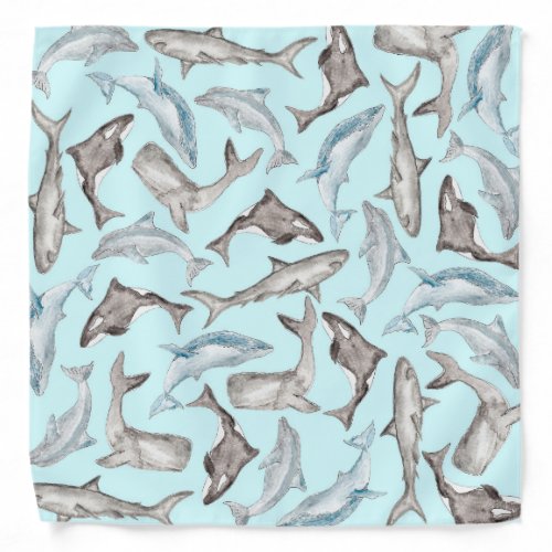 Oceanic Watercolor Fishes in Blue Black White Gray Bandana