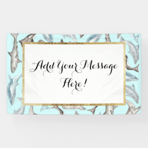 Oceanic Watercolor Fishes in Blue Black White Gray Banner