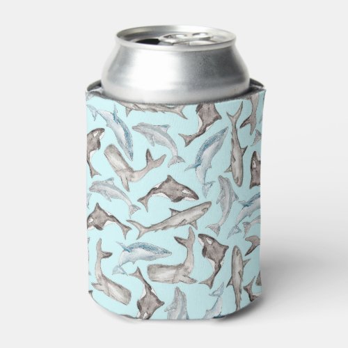 Oceanic Watercolor Fishes in Blue Black White Gray Can Cooler