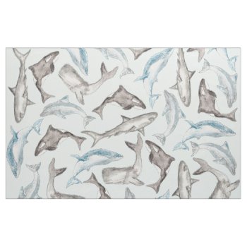 Oceanic Watercolor Fishes In Blue Black White Gray Fabric by BlackStrawberry_Co at Zazzle