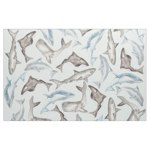 Oceanic Watercolor Fishes in Blue Black White Gray Fabric