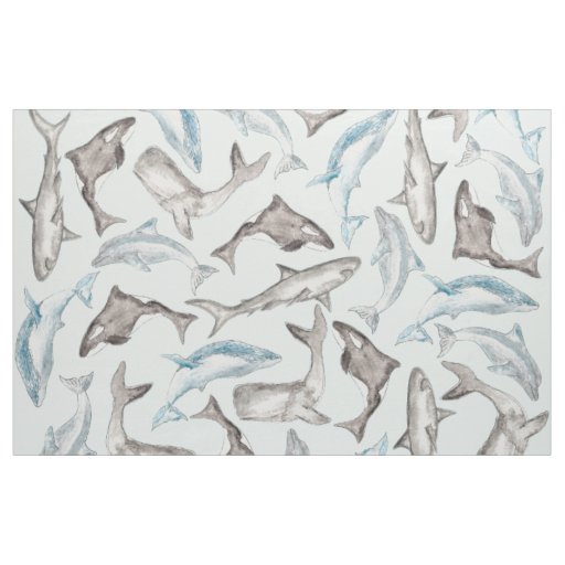 Oceanic Watercolor Fishes in Blue Black White Gray Fabric