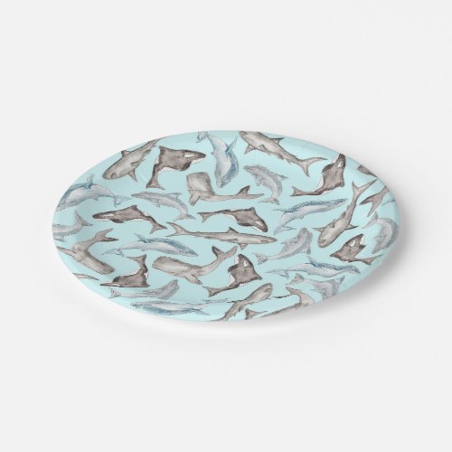 Oceanic Watercolor Fishes in Blue Black White Gray Paper Plates