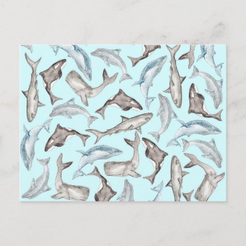 Oceanic Watercolor Fishes in Blue Black White Gray Postcard