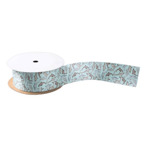 Oceanic Watercolor Fishes in Blue Black White Gray Satin Ribbon