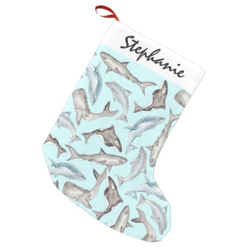 Oceanic Watercolor Fishes in Blue Black White Gray Small Christmas Stocking