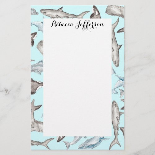 Oceanic Watercolor Fishes in Blue Black White Gray Stationery