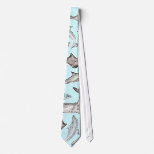 Oceanic Watercolor Fishes in Blue Black White Gray Tie