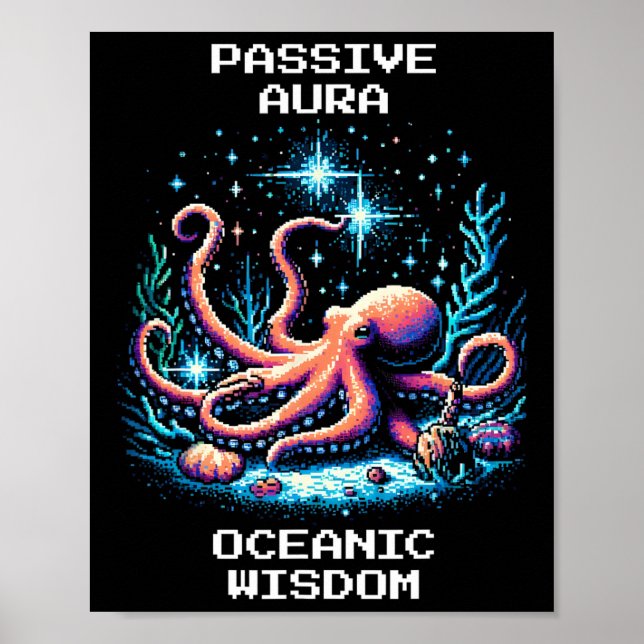 Oceanic Wisdom Aura Pixel Octopus Retro Gamer Styl Poster (Front)
