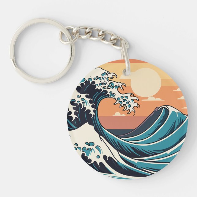 Ocean's Dance - Retro Great Ocean Waves at Sunset Keychain (Front)