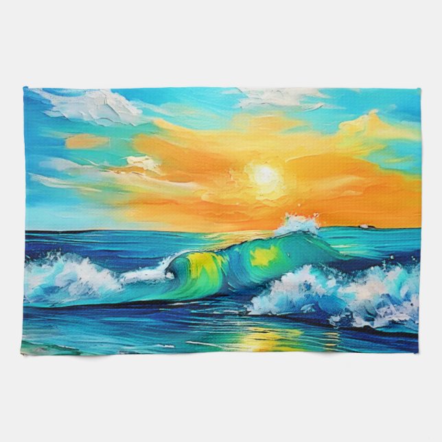 Ocean's Kiss: Sunset Waves Kitchen Towel (Horizontal)