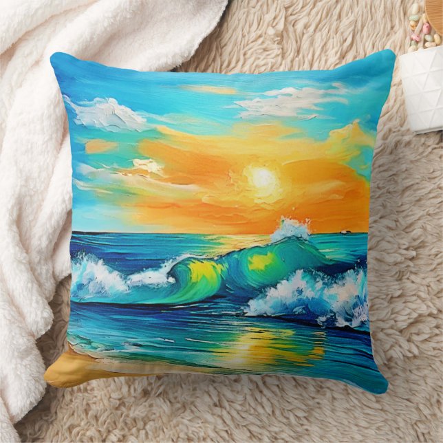 Ocean's Kiss: Sunset Waves Throw Pillow (Blanket)