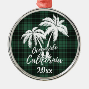 Oceanside Beach California Palm Tree Green Plaid Metal Ornament