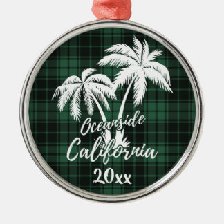 Oceanside Beach California Palm Tree Green Plaid Metal Ornament