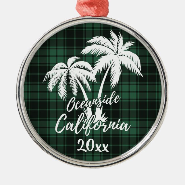 Oceanside Beach California Palm Tree Green Plaid Metal Ornament (Front)