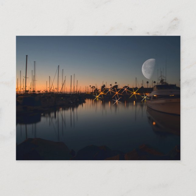 Oceanside Harbor at dusk with the Moon Postcard (Front)