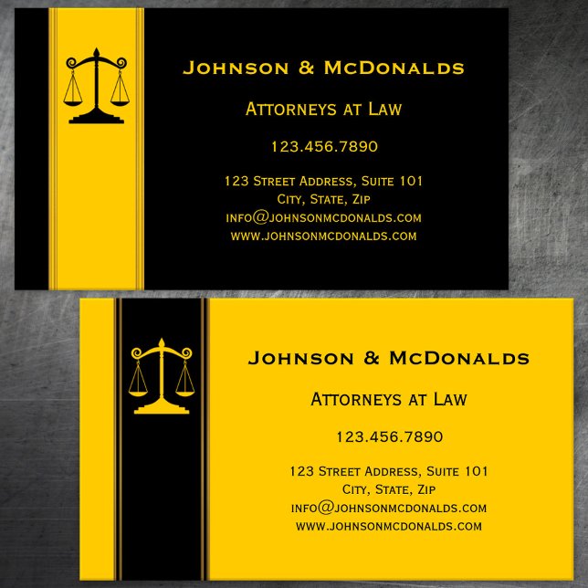 Ocher Black Gold Law Offices Business Card (Business card featuring scales to represent a law firm - lawyer - attorney at law - judge - legal)