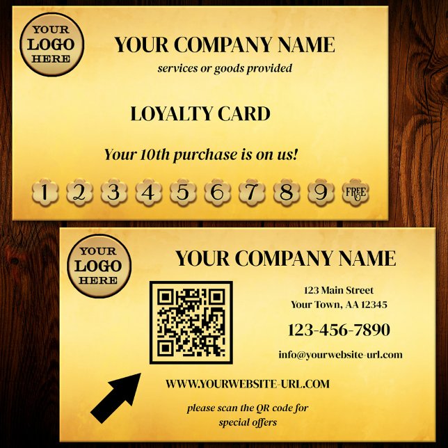 Ocher Black Gold Loyalty Punch Card (Eye-catching artistic loyalty punch card in ocher and black with logo and QR code - business card)