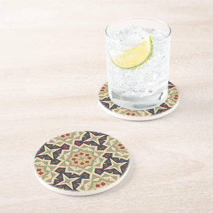 Ocher Red Olive Green Black Tribal Art Pattern Coaster