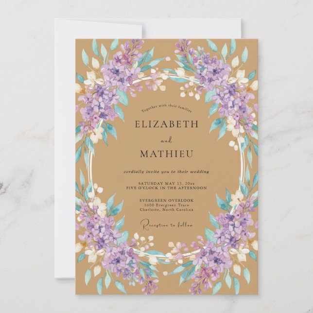 Ochre Amethyst Leafy Wedding Invitation (Front)