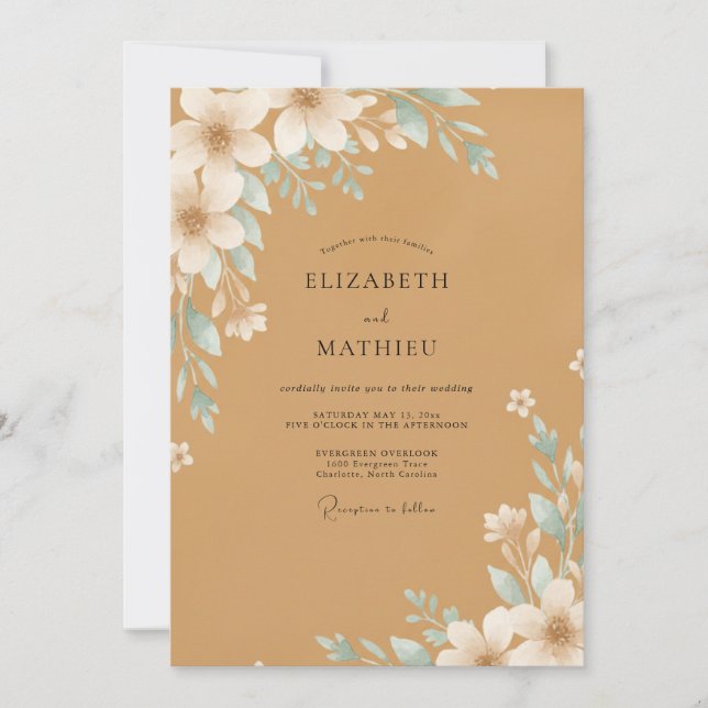 Ochre Aqua Blossom Wedding Invitation (Front)