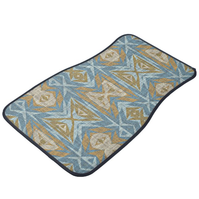 Ochre Beige Brown Light Teal Blue Tribal Art Car Floor Mat (Angled)