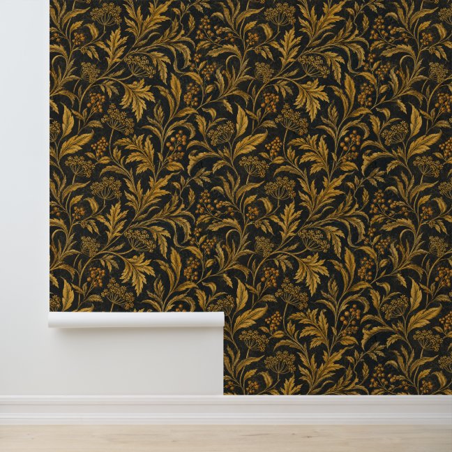 Ochre Botanical Foliage on Black Pattern Wallpaper