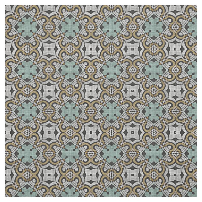 Ochre Brown Green Gray Retro Nouveau Deco Pattern Fabric (Swatch)