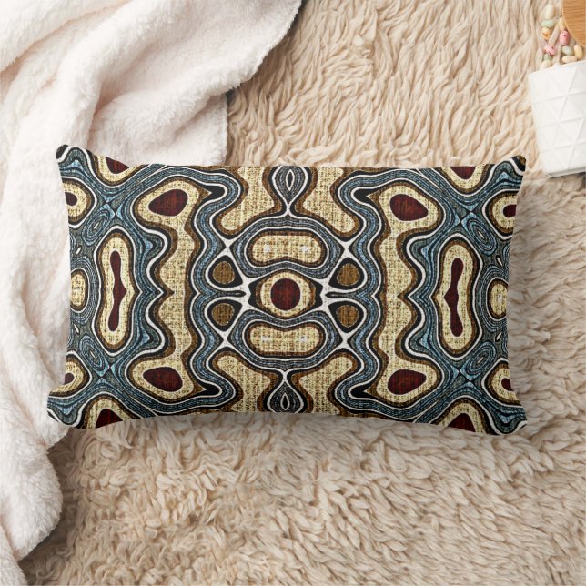Ochre Brown Red Teal Blue Hip Bohemian Bali Art Lumbar Pillow (Blanket)