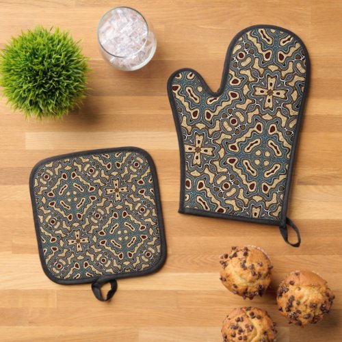 Ochre Brown Red Teal Blue Hip Bohemian Bali Art Oven Mitt  Pot Holder Set