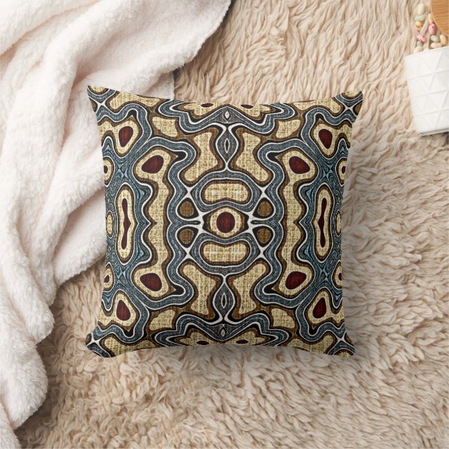Ochre Brown Red Teal Blue Hip Bohemian Bali Art Throw Pillow (Blanket)