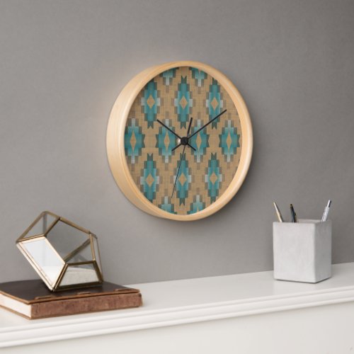 Ochre Brown Taupe Teal Blue Tribal Art Pattern Clock