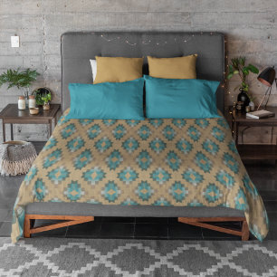 Ochre Brown Taupe Teal Blue Tribal Art Pattern Duvet Cover