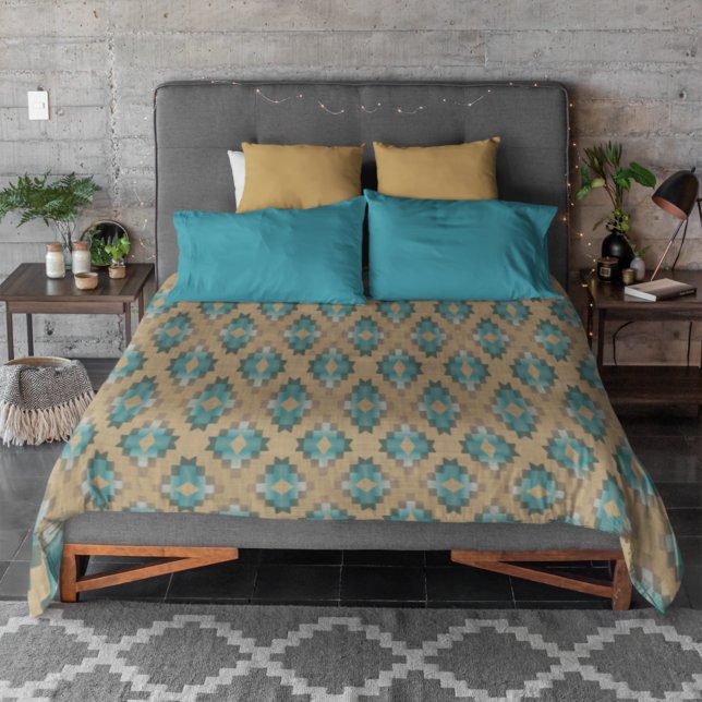 Ochre Brown Taupe Teal Blue Tribal Art Pattern Duvet Cover (Creator Uploaded)