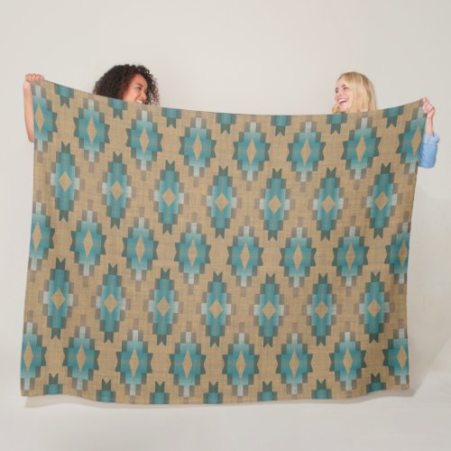 Ochre Brown Taupe Teal Blue Tribal Art Pattern Fleece Blanket