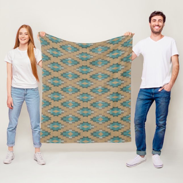 Ochre Brown Taupe Teal Blue Tribal Art Pattern Fleece Blanket (In Situ)