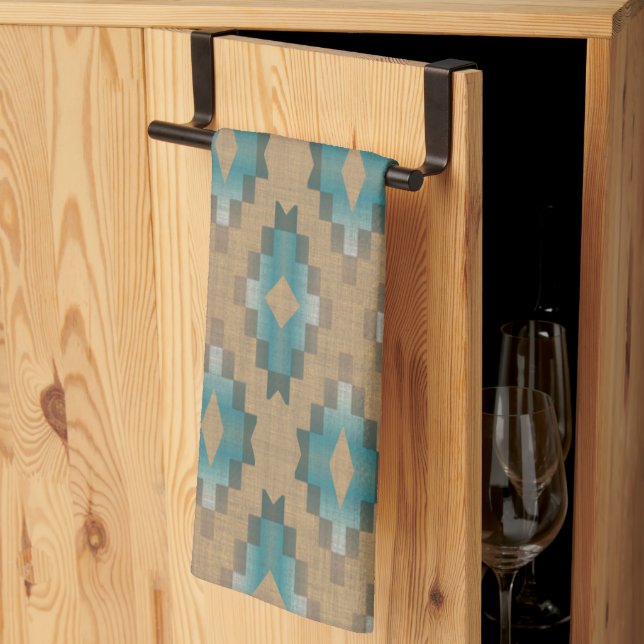 Ochre Brown Taupe Teal Blue Tribal Art Pattern Kitchen Towel (Thirds Fold)