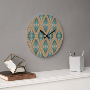 Ochre Brown Taupe Teal Blue Tribal Art Pattern Large Clock