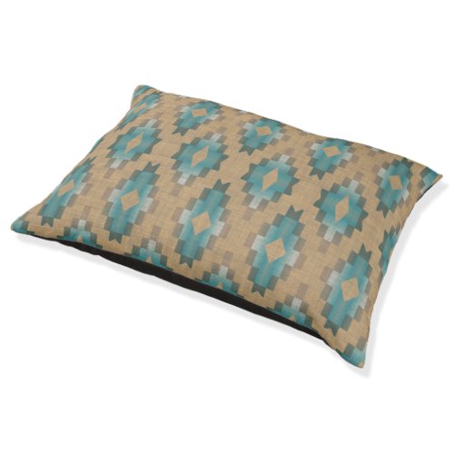 Ochre Brown Taupe Teal Blue Tribal Art Pattern Pet Bed