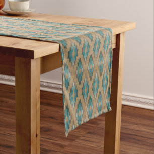 Ochre Brown Taupe Teal Blue Tribal Art Pattern Short Table Runner