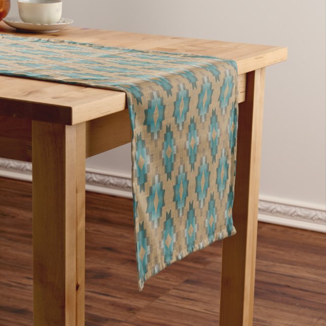 Ochre Brown Taupe Teal Blue Tribal Art Pattern Short Table Runner (In Situ)