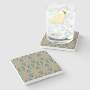 Ochre Brown Taupe Teal Blue Tribal Art Pattern Stone Coaster