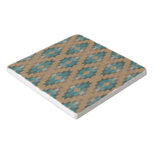 Ochre Brown Taupe Teal Blue Tribal Art Pattern Trivet