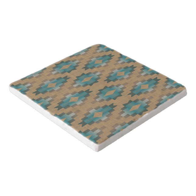 Ochre Brown Taupe Teal Blue Tribal Art Pattern Trivet (Corner)