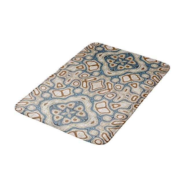 Ochre Brown Teal Blue Tribal Art Bathroom Mat (Angled)
